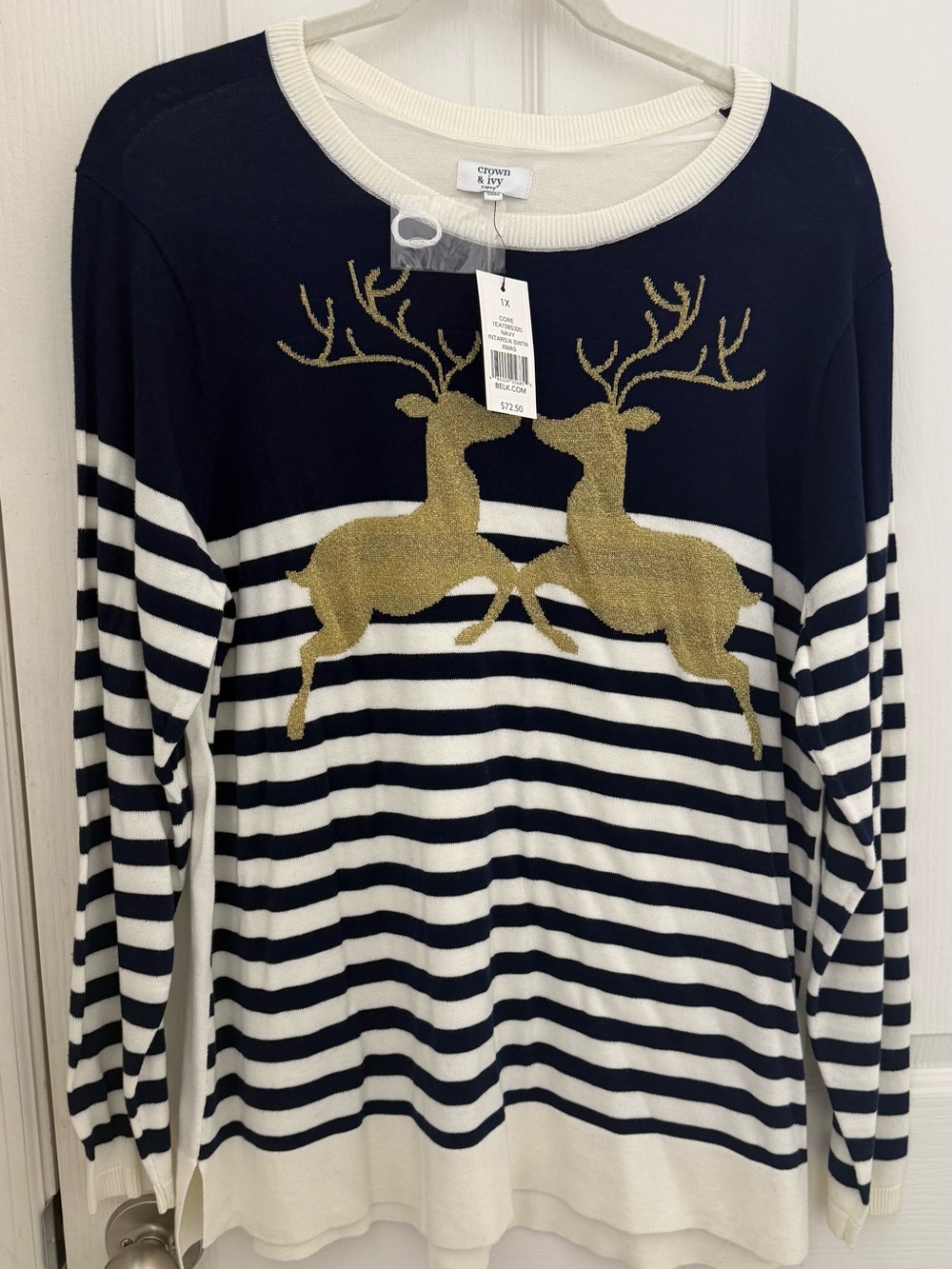 NWT. Crown & Ivy Navy + White Striped Sweater with Gold Reindeer. Size 1X.